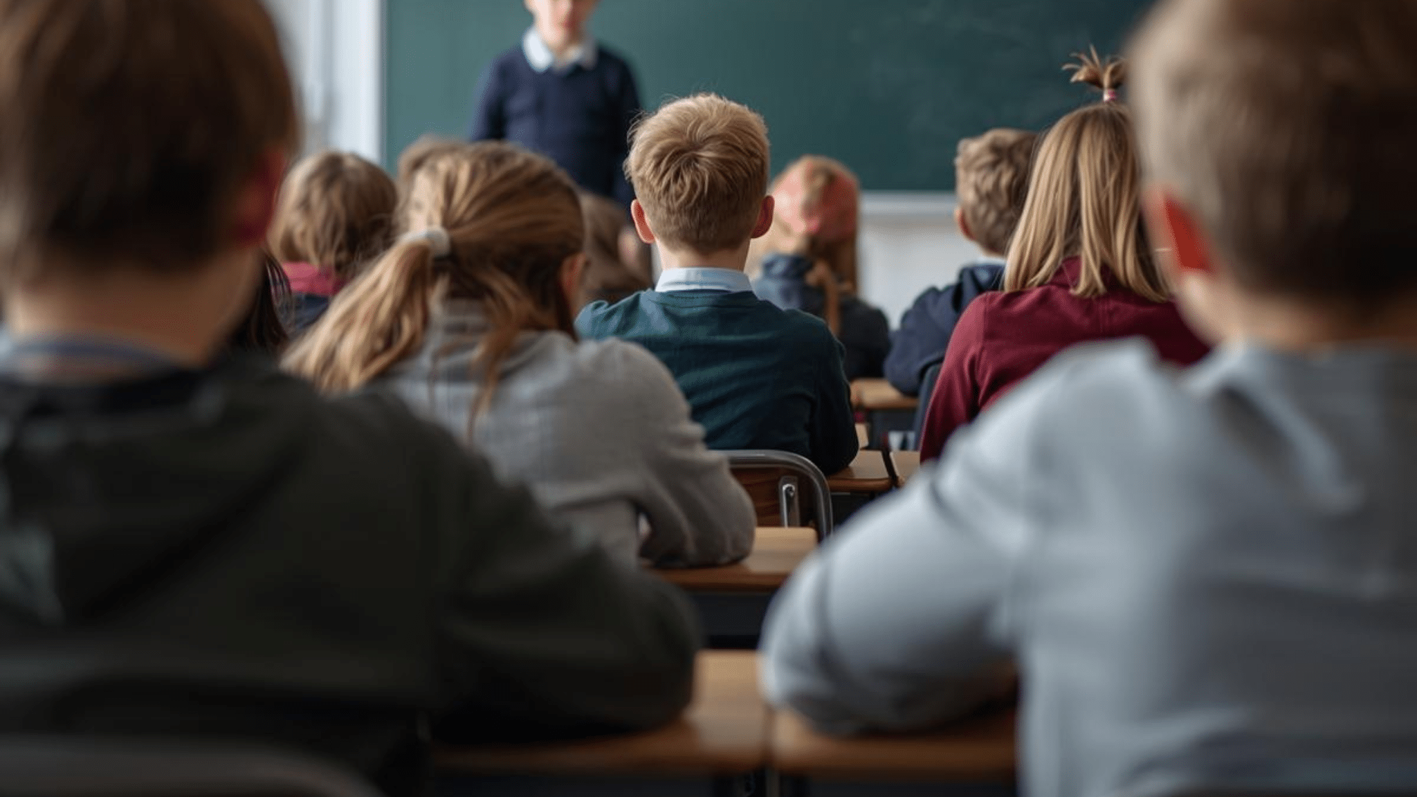 Lärare undervisar liten elevgrupp i lågstadieklassrum – Liberalernas förslag om halvklasser i Haninge