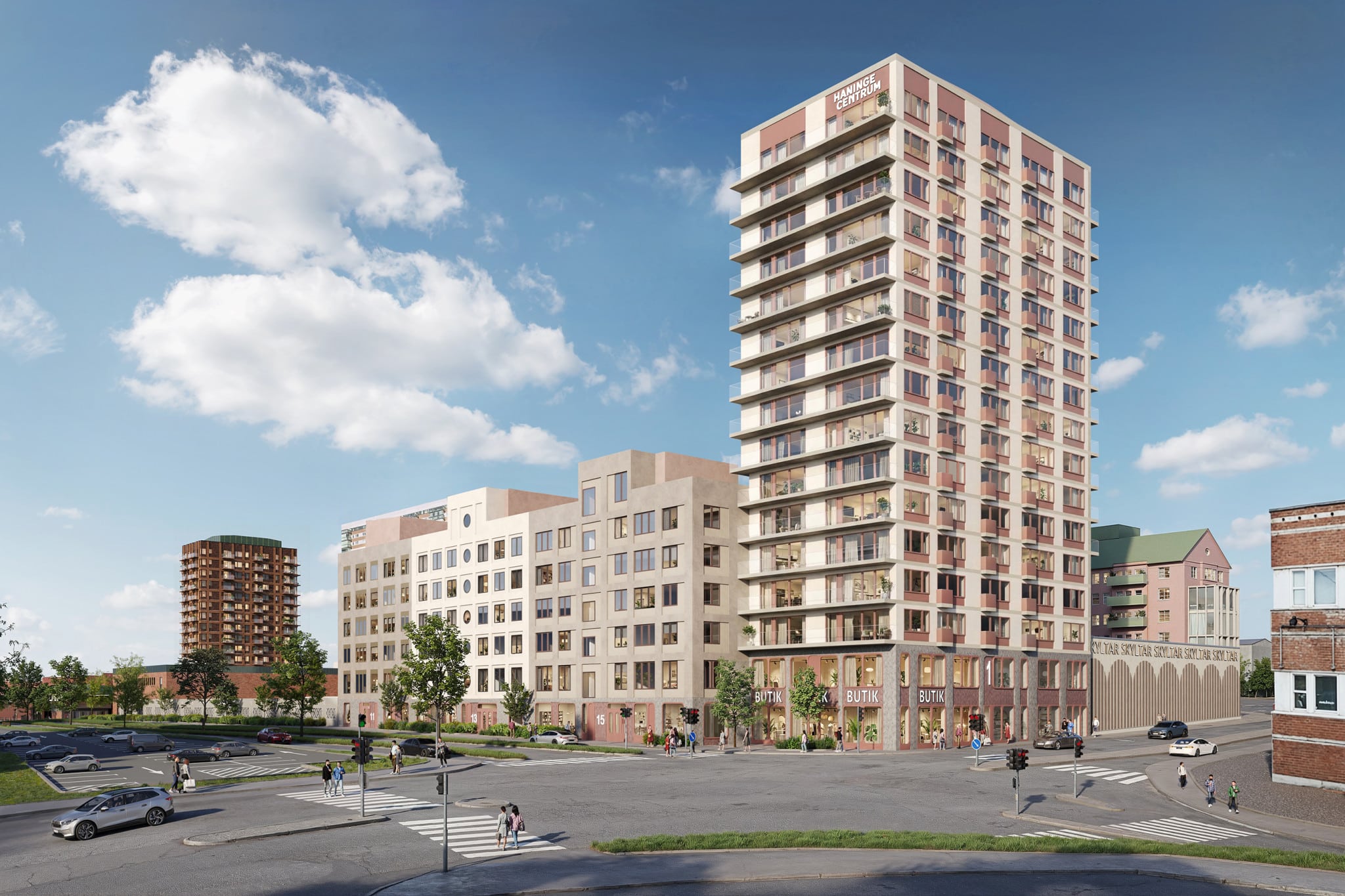 Illustration av stadsutveckling i Handen med nya bostäder och förskolor